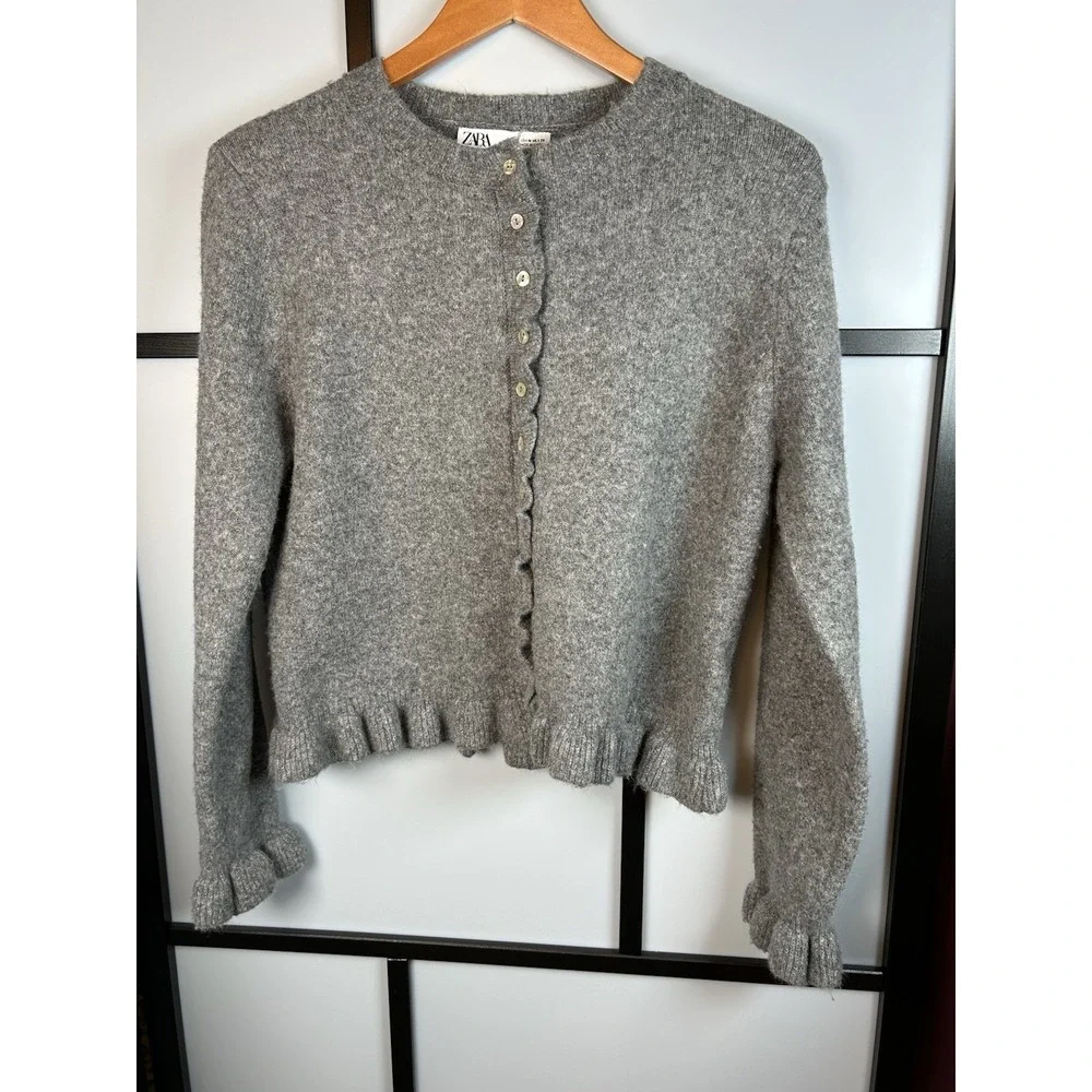 Zara Gray Button Up Frill Cardigan Sweater Women's Medium Wool Blend - Picture 1 of 9